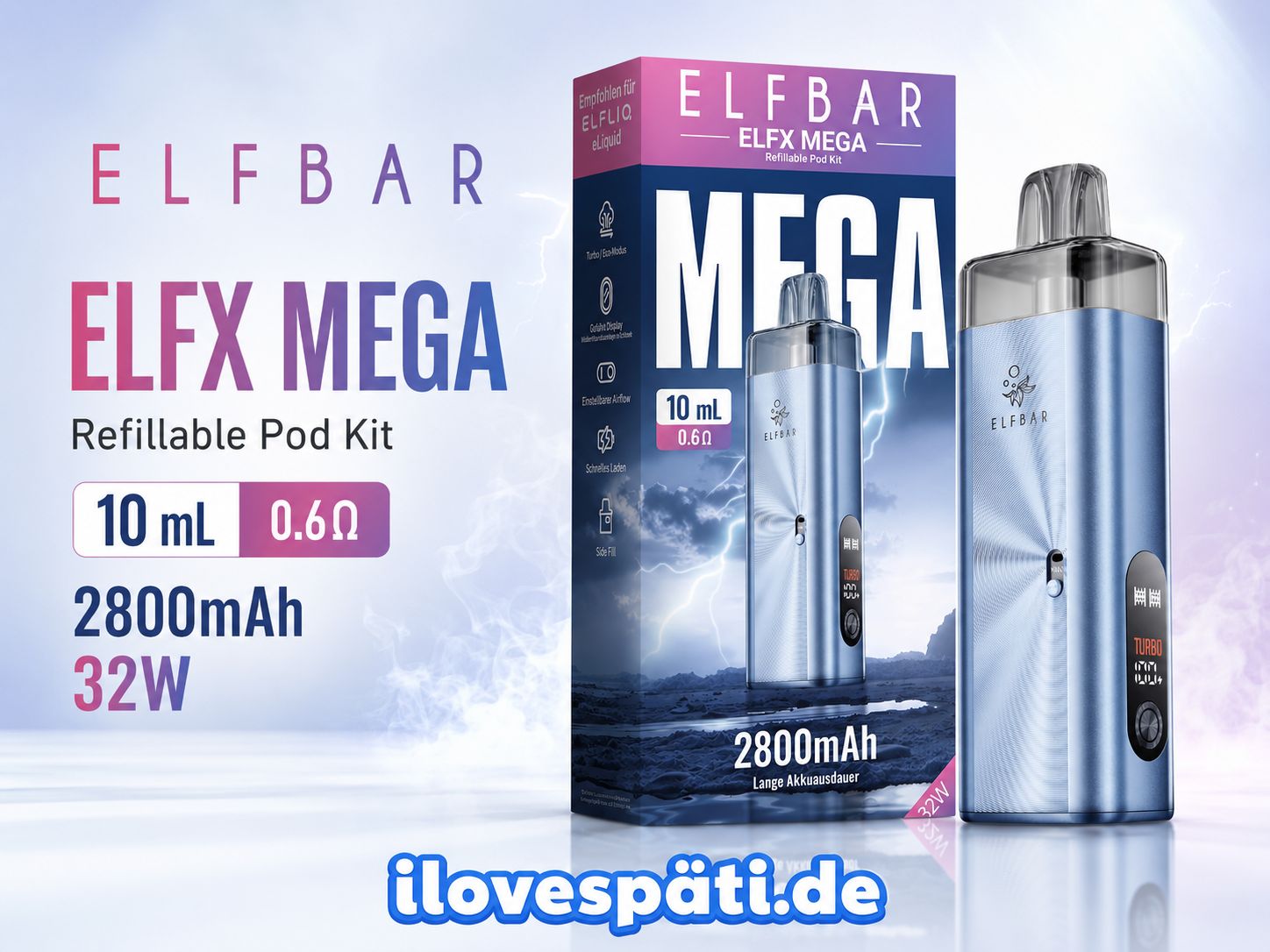 ELFBAR ELFX MEGA Cyan Refillable Pod Kit 10 ml, 0,6 Ω, 2800 mAh, 32 W