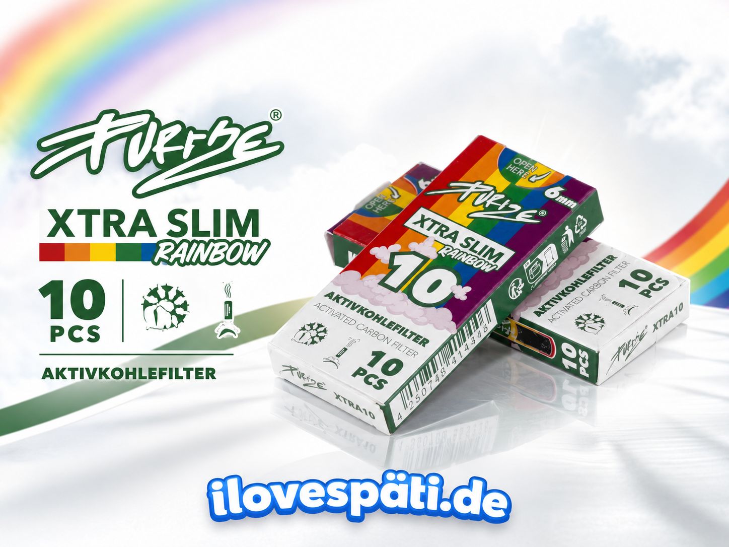 PURIZE XTRA Slim Rainbow Aktivkohlefilter 6 mm – 10 Stück