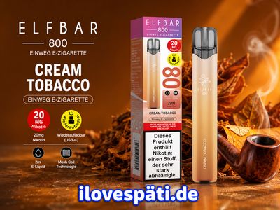 ELFBAR 800 Cream Tobacco Einweg-E-Zigarette 2 ml 20 mg/ml Nikotin