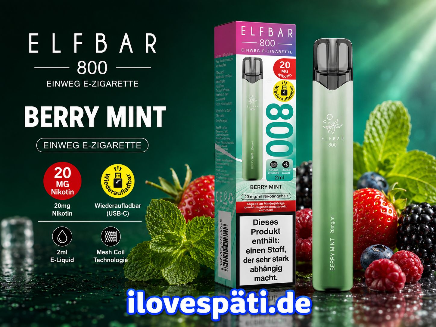 ELFBAR 800 Berry Mint Einweg-E-Zigarette 2 ml 20 mg/ml Nikotin