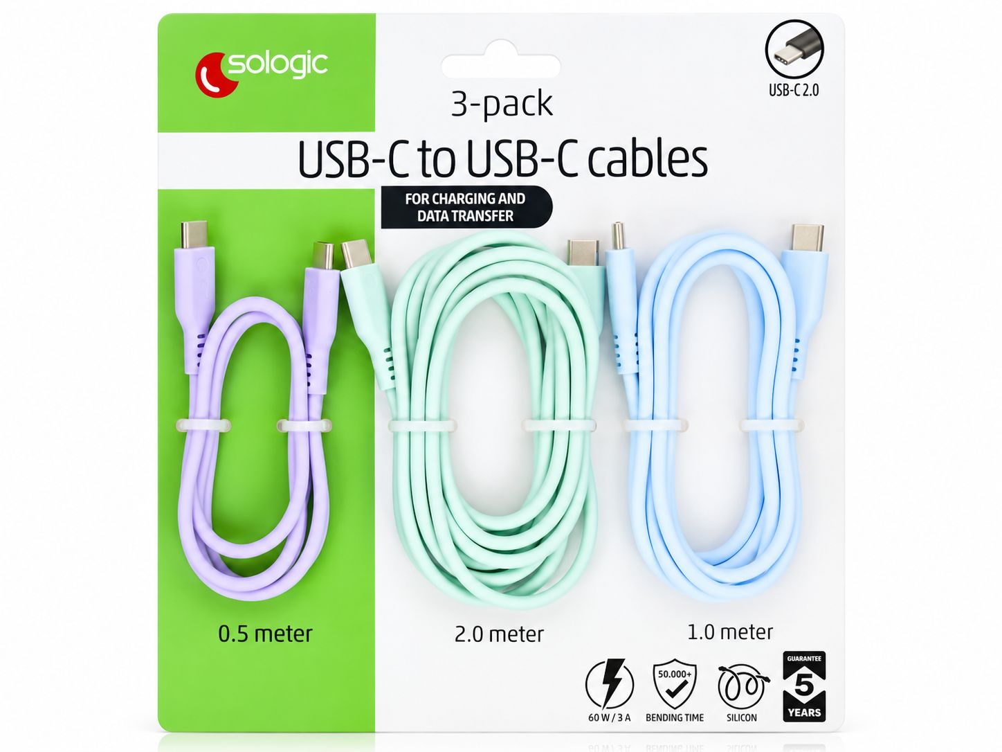 Sologic USB-C-auf-USB-C Kabel-Set 3 Stück 0,5/1/2 m 60 W