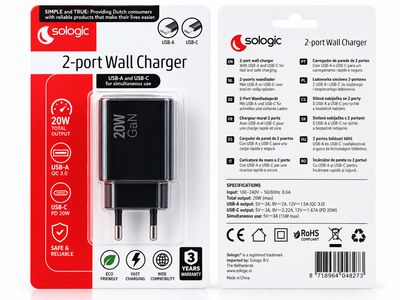 Sologic 2-Port-Wandladegerät USB-C &amp; USB-A 20 W