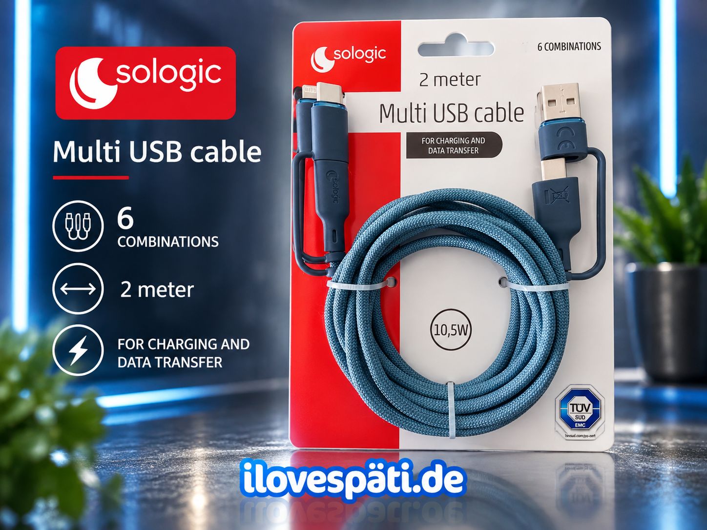 Sologic 6-in-1 Multi-USB-Lade- und Datenkabel 2 m 10,5 W