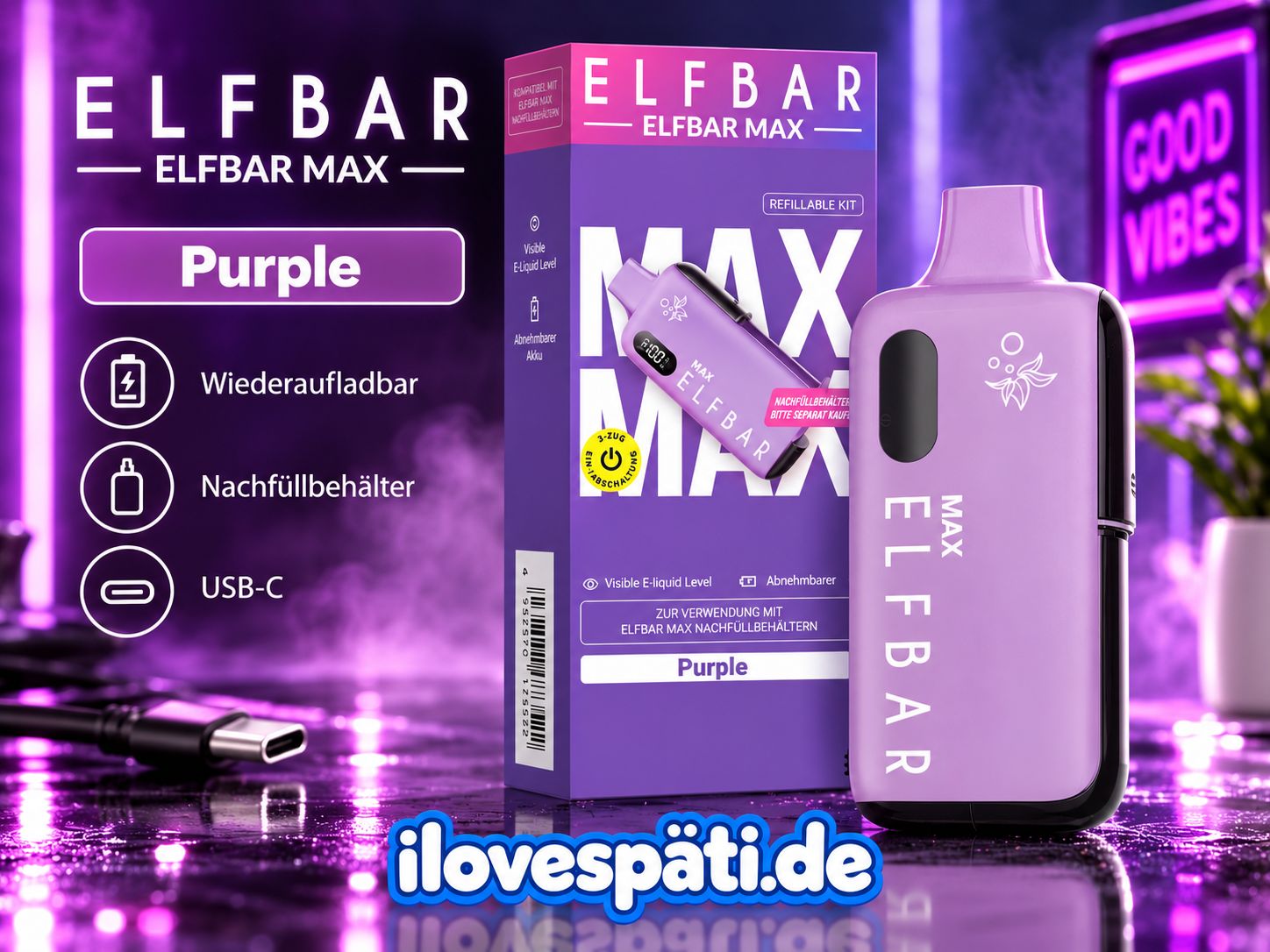 ELFBAR MAX Kit Purple – E-Zigaretten-Basisgerät 650 mAh USB-C