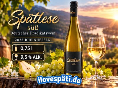 Spätlese Rheinhessen süß 2025 – Weißwein Deutscher Prädikatswein 0,75 l – 9,5 % vol. Spätlese Rheinhessen süß 2025 – Weißwein Deutscher Prädikatswein 0,75 l – 9,5 % vol.