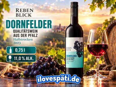 Rebenblick Dornfelder halbtrocken Rotwein 2023 – 0,75 l, 11 % vol. Rebenblick Dornfelder halbtrocken Rotwein 2023 – 0,75 l, 11 % vol.
