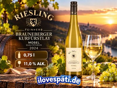 Brauneberger Kurfürstlay Riesling feinherb 2025 – Mosel Qualitätswein 0,75 l – 11 % vol. Brauneberger Kurfürstlay Riesling feinherb 2025 – Mosel Qualitätswein 0,75 l – 11 % vol.