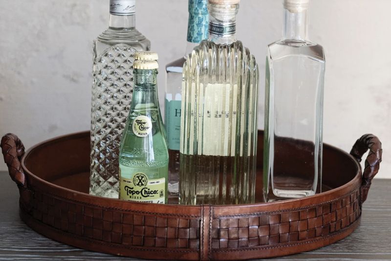 Round Decorative MDF &amp; Woven Leather Tray w Handles