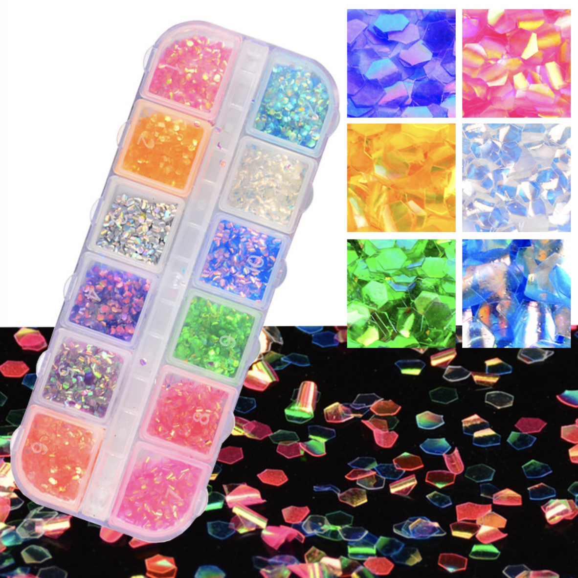 Stunning 12 colours hexagon Nail Art