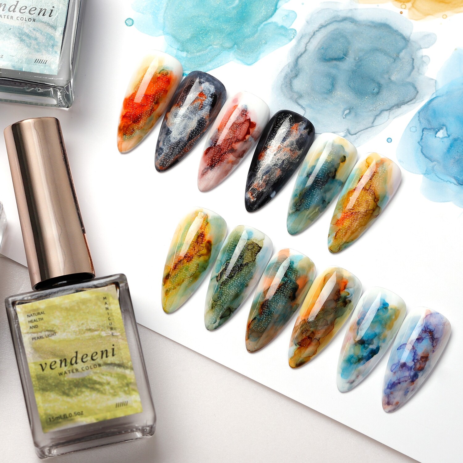 Clearance Sale - Vendeeni Glitter Blossom Gel 15ml 12 Colours/ Set R99 - Blossom Gel Marble Nail Ink for Manicure Art Decoration. Watercolor Spreading Effect