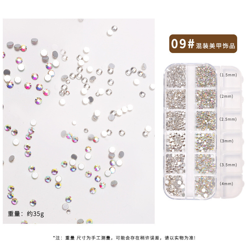 12 Grids Flat Bottom Silver + AB Rhinestone 9#