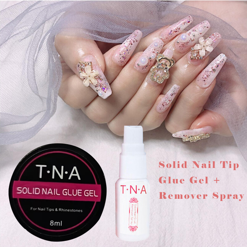 Solid Nail Tip Glue Gel + Remover Spray Set 2pcs
