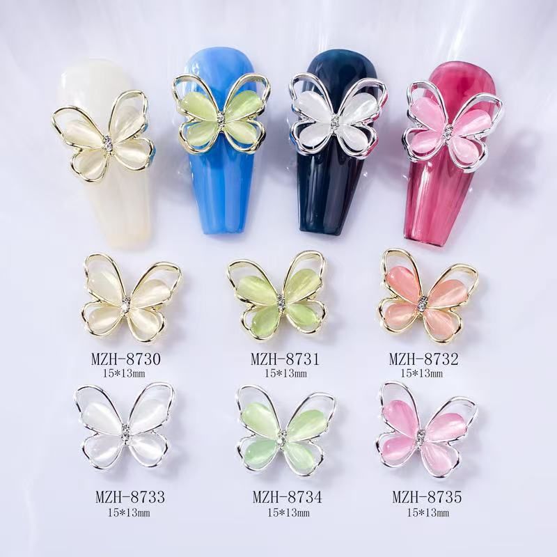 Cat Eye Stone Alloy Butterfly Nail Rhinstone 5pcs