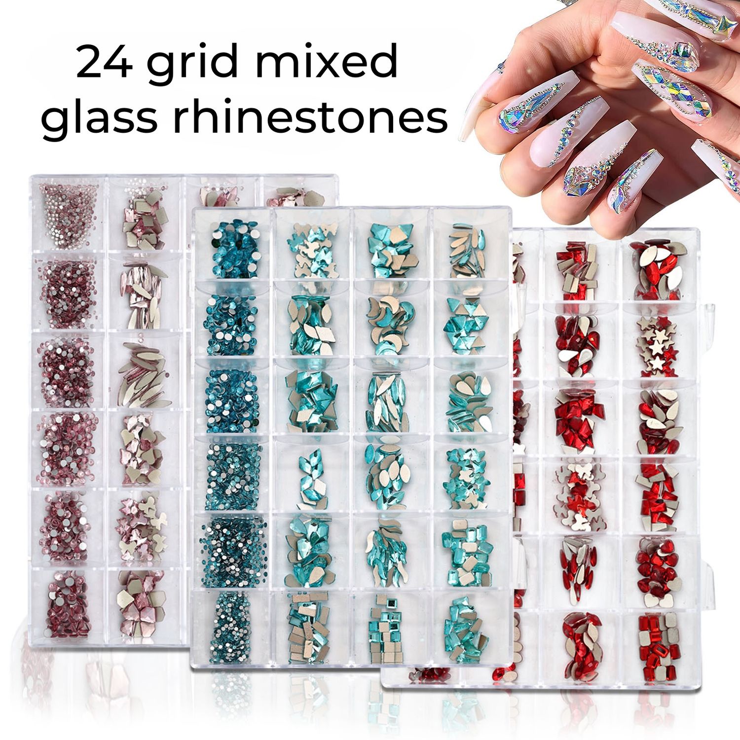 Nail art 24 grid mixed glass rhinestones ab flat bottom special-shaped diamonds DIY nail drills large and small mixed