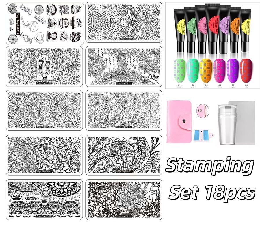 Stamping Set 18pcs stamping plate stamper stamping bag stamping gel 6 colours R99