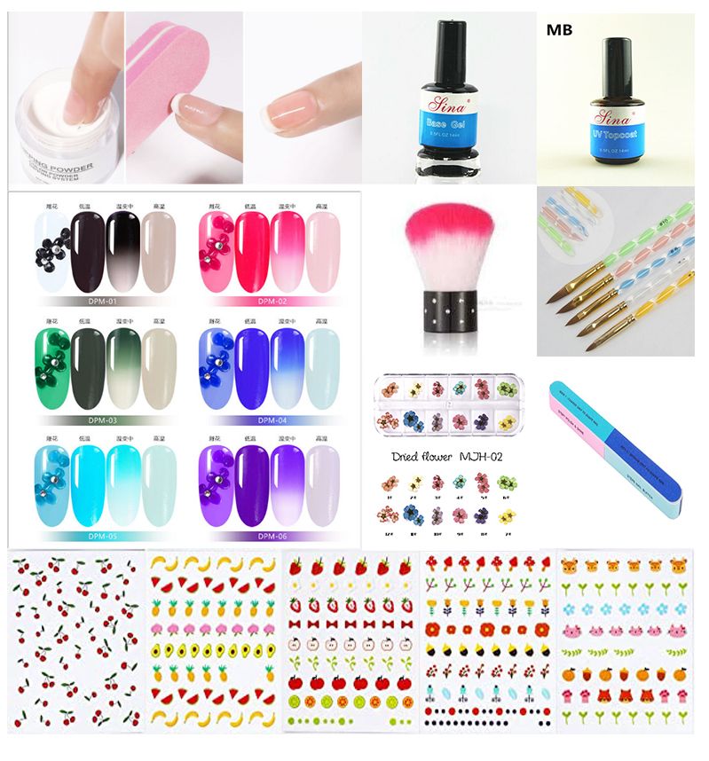 dipping powder set top coat base coat dust brush nail filer acrylic brush nail sticker 21pcs