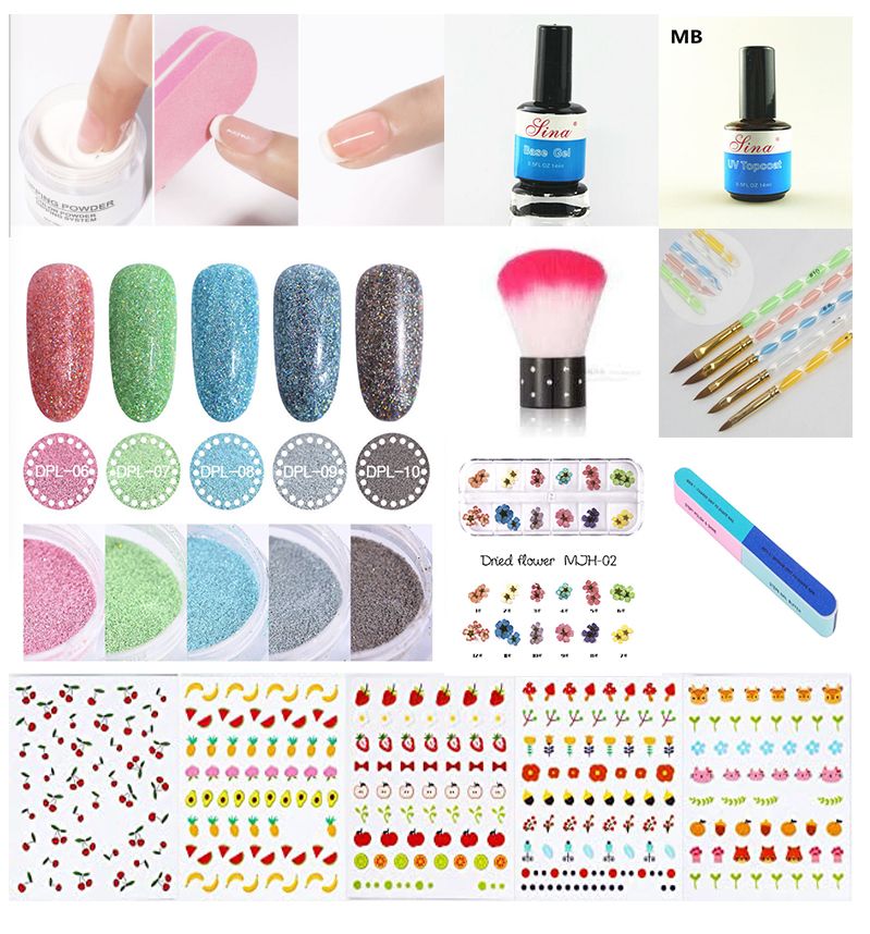 dipping powder set top coat base coat dust brush nail filer acrylic brush nail sticker 20pcs