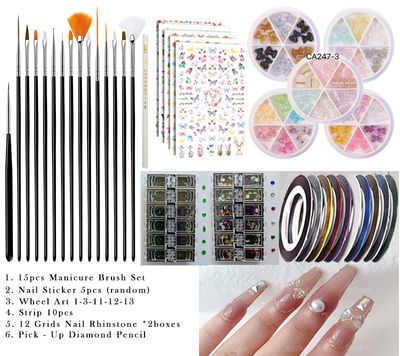 Nail Art Kit, Nail Art Tools with Nail Art Brushes, Nail Design Kit,  Nail Stickers, Nail Rhinestones, Nail Art Tapes, Nail Accessories For Nail Art