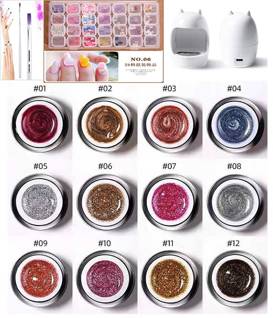 Clearance Sale - VENDEENI Carnival Party Gel 10g*12 Colours,28 grids box,master lamp,gel brush/ 15pcs