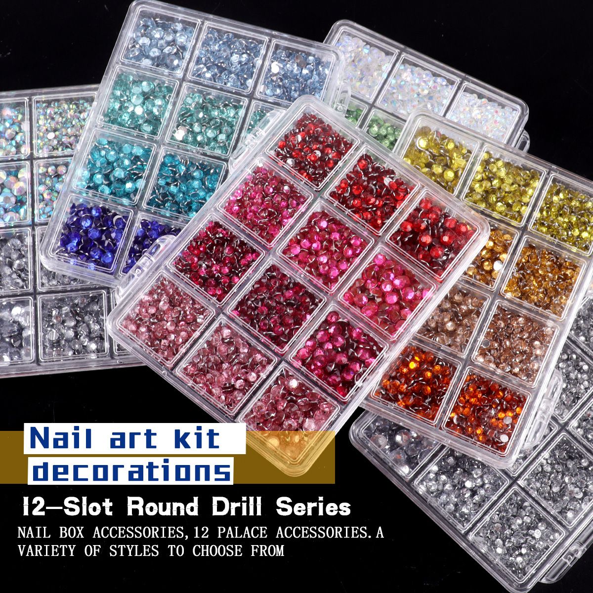 DIY 12-compartment Boxed Resin Acrylic Mixed Color Flat Round Rhinestone Nail Art Decorations