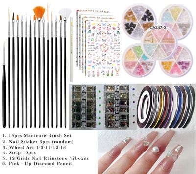 Nail Art Kit, Nail Art Tools with Nail Art Brushes, Nail Design Kit,  Nail Stickers, Nail Rhinestones, Nail Art Tapes, Nail Accessories For Nail Art