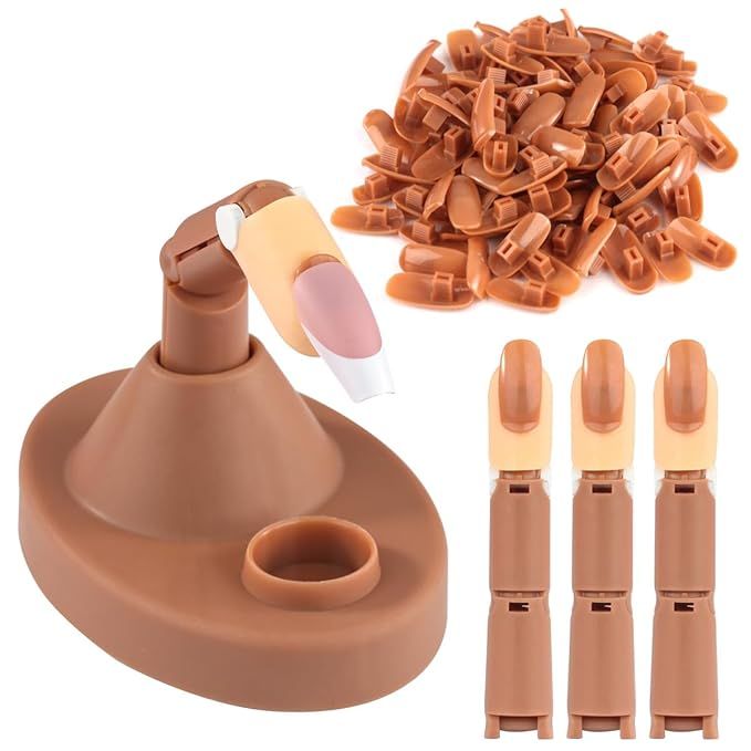 Acrylic Nail Training with 1 Base Stand, 3 Adjustable Fake Fingers, 100 Brown Nail Tips, Movable Training Nail Practice for Nail Beginner