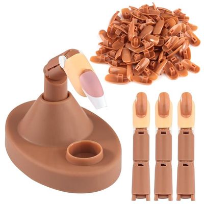 Acrylic Nail Training with 1 Base Stand, 3 Adjustable Fake Fingers, 100 Brown Nail Tips, Movable Training Nail Practice for Nail Beginner
