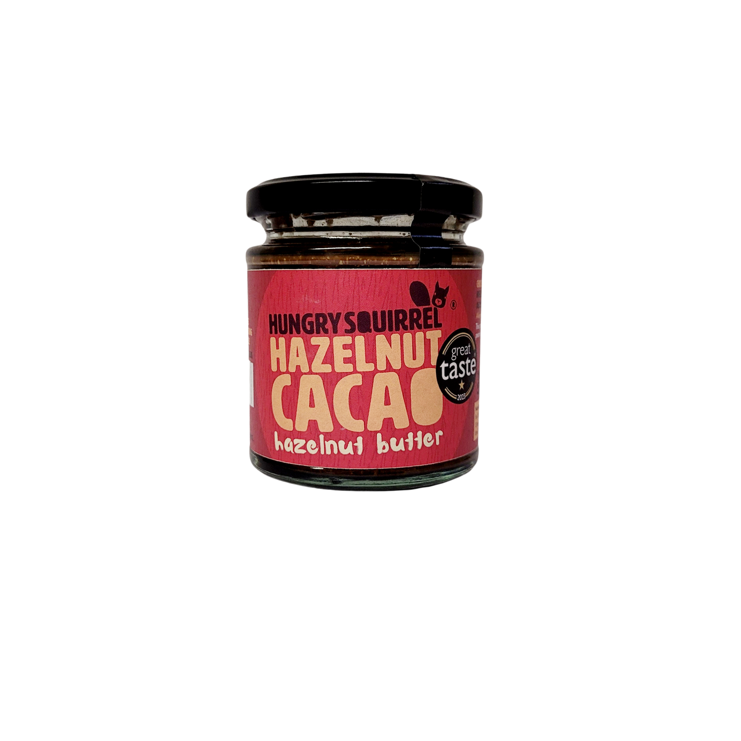 Jar of Hungry Squirrel Hazelnut Cacao Nut Butter on white background