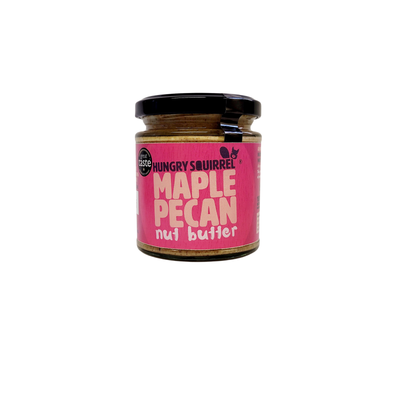 Jar of Hungry Squirrel Maple Pecan Nut Butter on white background

