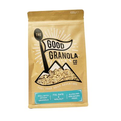 Hungry Squirrel Fig, Date &amp; Walnut Granola with kraft packaging and blue label – fibre-rich, naturally sweet breakfast blend.