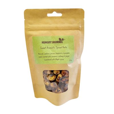 150g pouch of Hungry Squirrel Sweet Aromatic Spiced Nuts with green label and clear window showing roasted nut mix.

