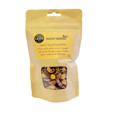 150g pouch of Hungry Squirrel Sweet & Spicy Roasted Nuts with transparent window showing nut and seed mix – ideal for sharing