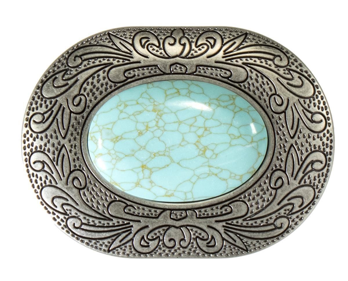M&amp;F WESTERN - Oval Turquoise Stone Western Belt Buckle, Color: Argent