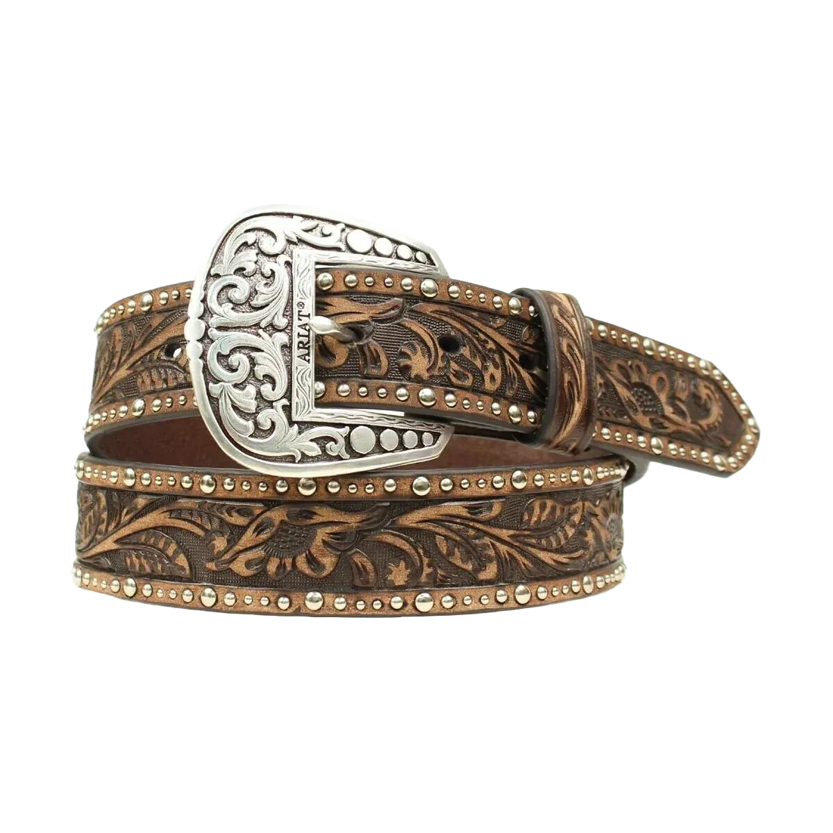 ARIAT - Ladies Floral Tooled &amp; Studded Leather Belt, Size: Small
