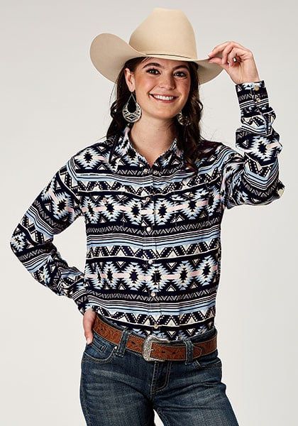 ROPER - Aztec Printed Rayon Western Shirt, Size: XSmall