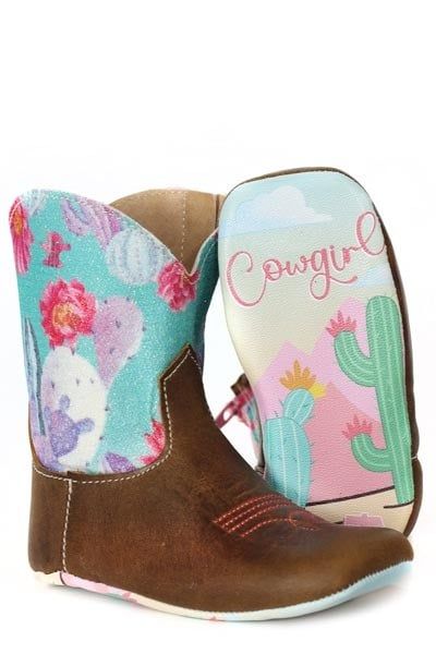TIN HAUL - Happy Flower Printed On Baby Western Boot, Size: 3, Color: Brun