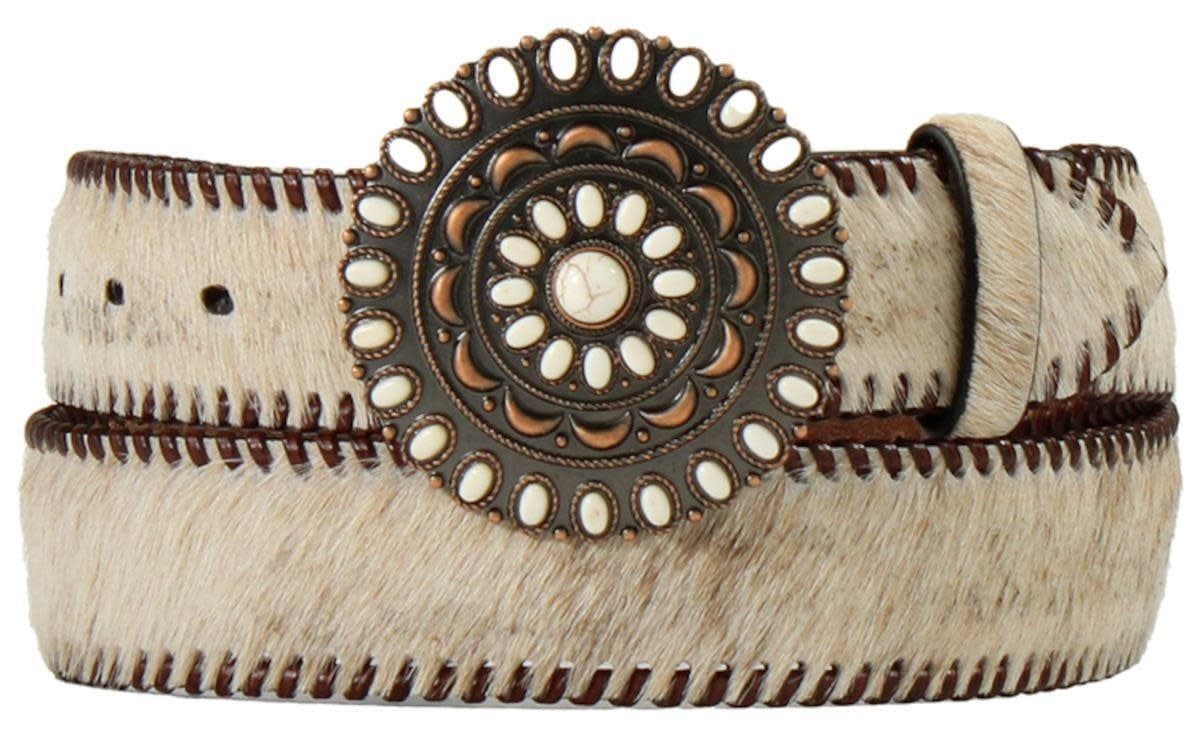 NOCONA - Calf Hair Circular Buckle Down Leather Belt, Size: Small