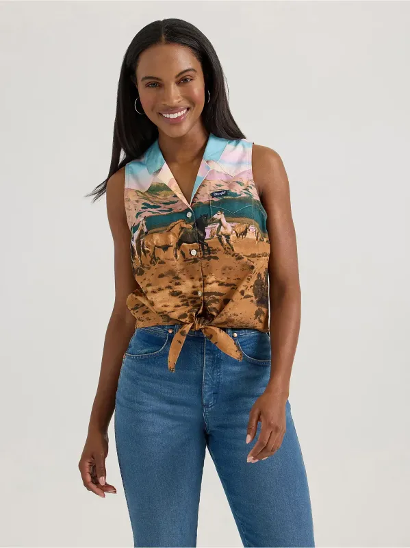 WRANGLER - Bold Printed Sleeveless Tie Front Shirt
