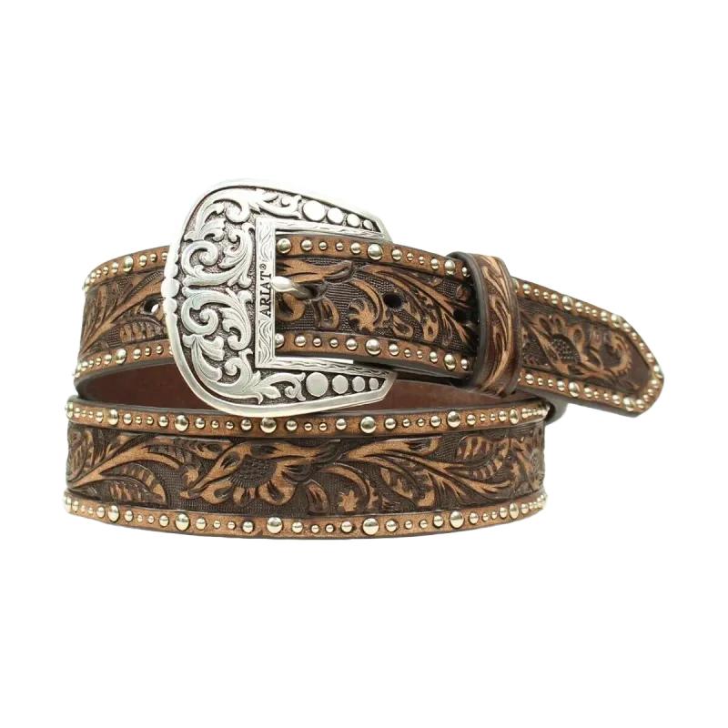 ARIAT - Ladies Floral Tooled &amp; Studded Leather Belt