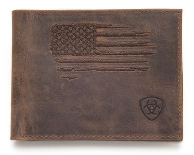 ARIAT - Rustic Brown Stitched USA Flag Leather Wallet