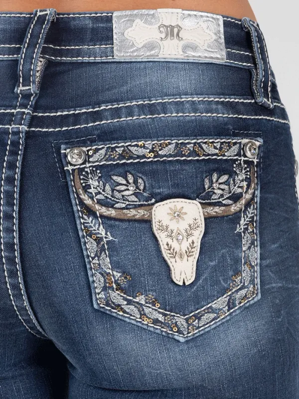 MISS ME - Mid-Rise Longhorn with Leaves Bootcut Jean