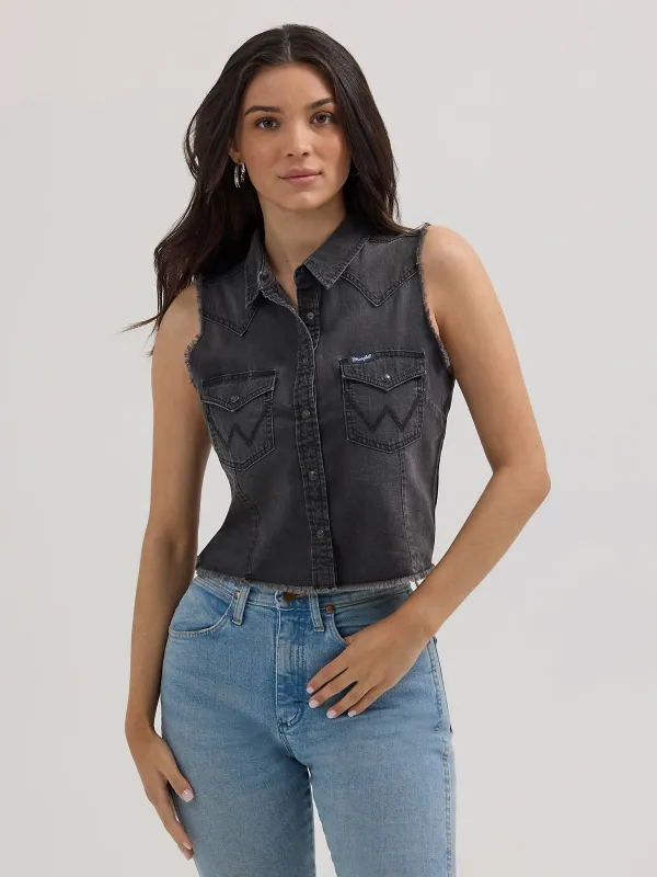 WRANGLER - Frayed Denim Crop Western Snap Tank Top