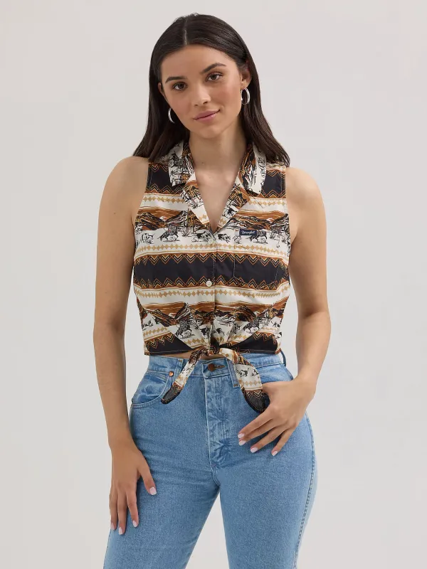 WRANGLER - Bold Printed Sleeveless Tie Front Shirt