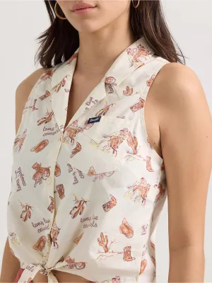 WRANGLER - Bold Printed Sleeveless Tie Front White Shirt
