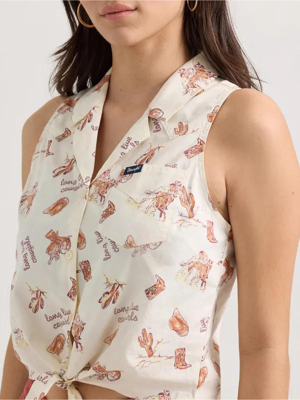 WRANGLER - Bold Printed Sleeveless Tie Front White Shirt