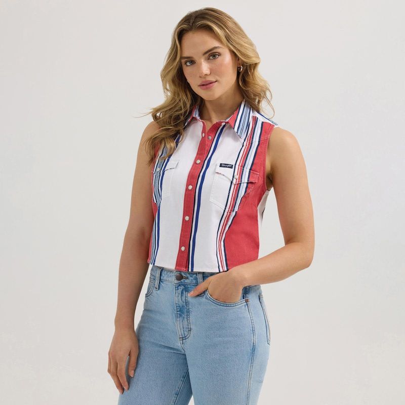 WRANGLER - Brushpopper Stripe Slim Crop Snap Tank USA