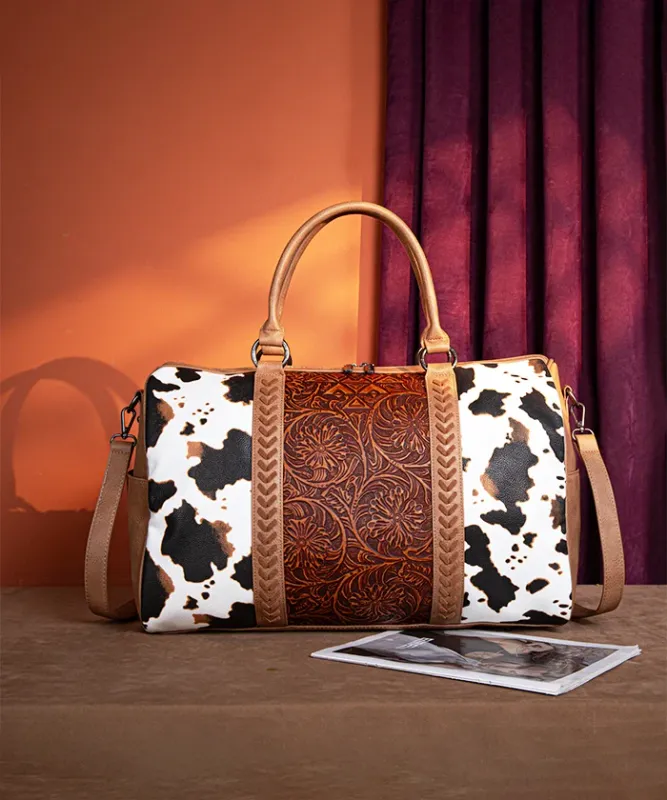 MONTANA WEST - Floral Tooled Cowprint Duffle Bag
