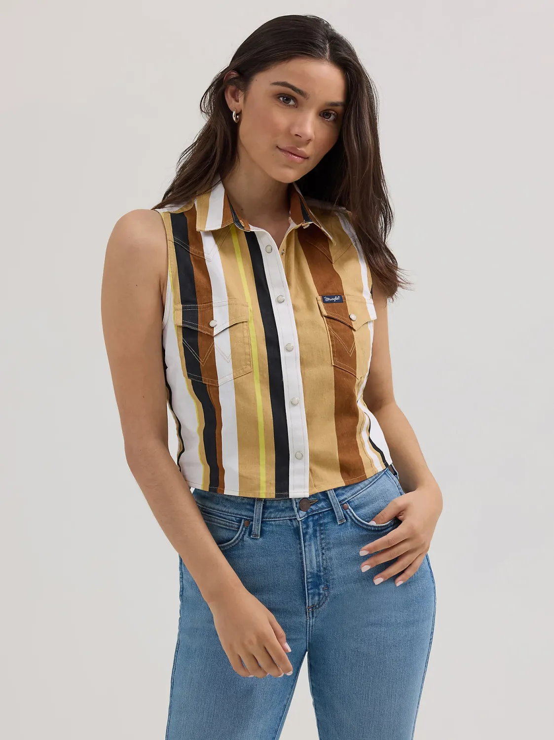 WRANGLER - Brushpopper Tan Stripe Slim Crop Snap Tank, Size: XSmall