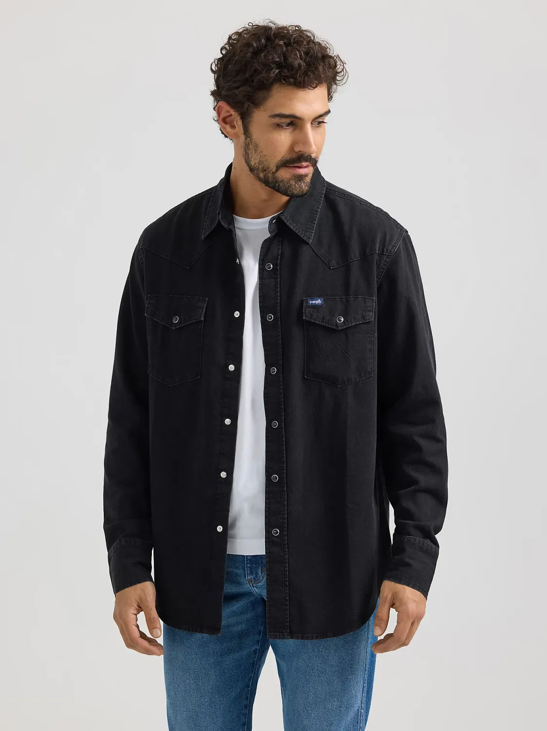 WRANGLER - Classic Black Denim Western Snap Shirt, Size: Medium
