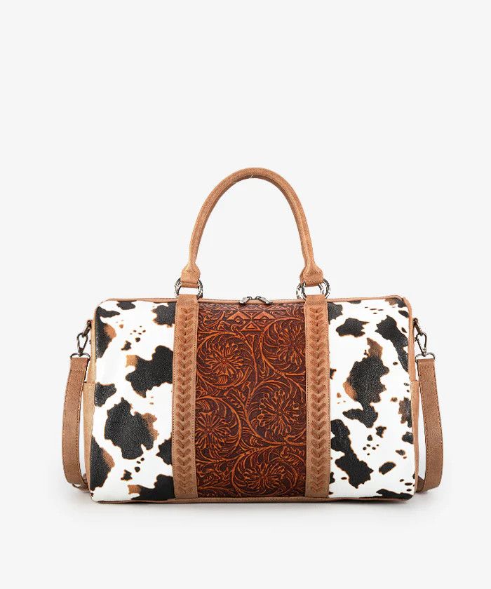 MONTANA WEST - Floral Tooled Cowprint Duffle Bag, Format: 18.5&#39;&#39; x 6.5&#39;&#39; x 14&#39;&#39;